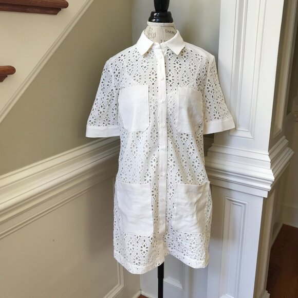 Veronica Beard Rafaela Eyelet Shirt Dress Womens 6 Cream Short Sleeve Cotton - Picture 3 of 12